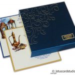 Blue Satin Box Wedding Card with Laser Cut Floral Design and Metallic Names