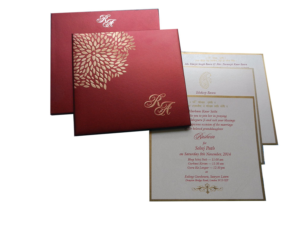 Red Wedding Card with Raised Golden Leaves